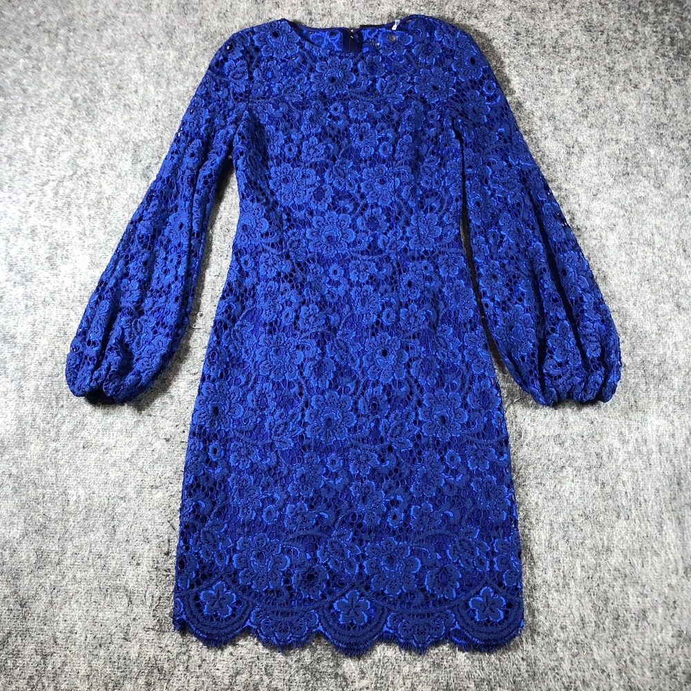 Elie Tahari Dress Womens 2 Blue Floral Lace Balloon Sleeve Sheath Mini